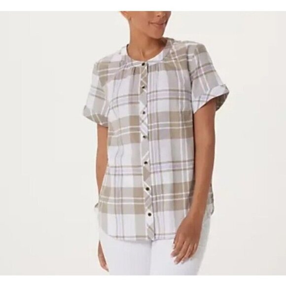 Denim & Co. Plaid Button-Front Shirt w/ Shirred DetailsPutty Plaid X-Small - Picture 1 of 1